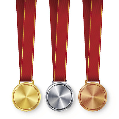 Champion Medals Blank Set Vector. Metal Realistic First, Second Third Placement Prize. Classic Empty Medals Concept. Red Ribbon, Laurel Wreath. Sport Game Golden, Silver, Bronze Achievement Template