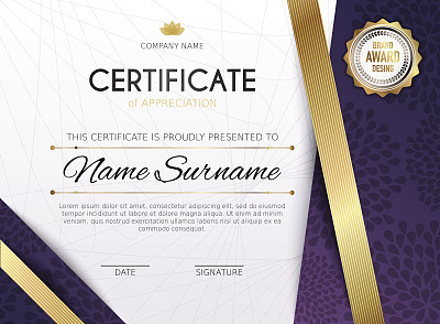 Certificate template with golden decoration element. Design diploma graduation, award. Vector illustration.