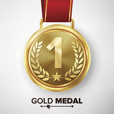 Gold Medal Vector. Metal Realistic First Placement Achievement. Round Medal With Red Ribbon, Relief Detail Of Laurel Wreath And Star. Competition Game Golden Achievement. Winner Trophy Award