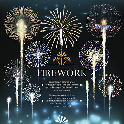 Set of fireworks, festive banner, invitation to a holiday.