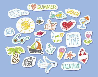 Set of stickers with sketch design element summer theme
