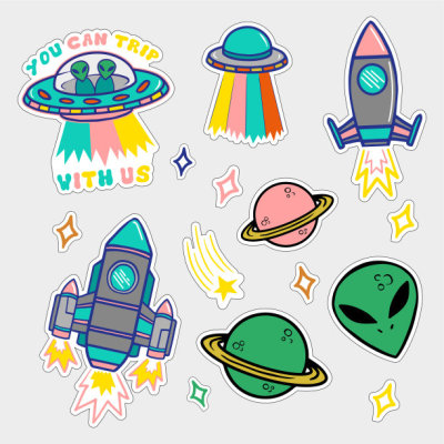 Set stickers or patches on space topic