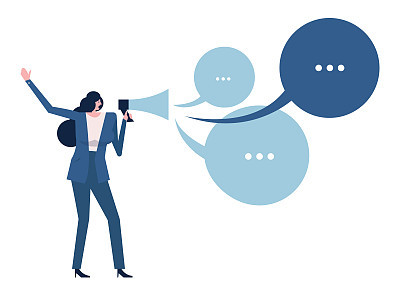 Woman Holding Megaphone With Talking Bubbles. Vector Illustration