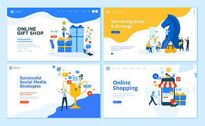 Set of flat design web page templates of e-commerce, marketing, business strategy, social media