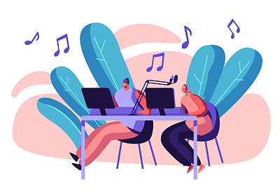 Woman Radio Presenter in Headphones Working in Record Studio. Female Character Talking in Microphone. Dj Girl Play Music. Broadcast Media Show. News Production Flat Cartoon Vector Illustration