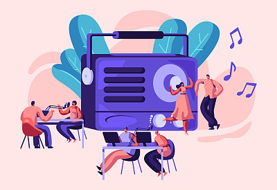 Radio Personality On-air Banner. Introduce and Play Individual Selection of Record Music. Host Talk Show, Interviews Celebrity or Guest. Listener, Character Dance. Flat Cartoon Vector Illustration