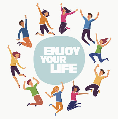 Group of young people jumping on white background with copyspace