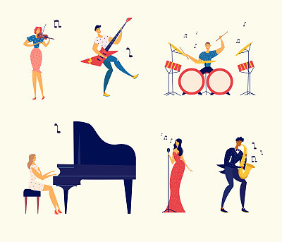 Musicians Characters Set. Jazz Rock Music Band Festival. Woman Playing Piano, Man Saxophone, Drums, Guitar, Musical Instruments. Flat Vector Cartoon Illustration