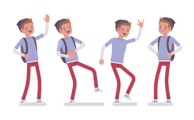 Teenager boy in standing pose, positive emotions