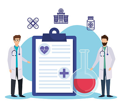 men doctors with check list and erlenmeyer flask