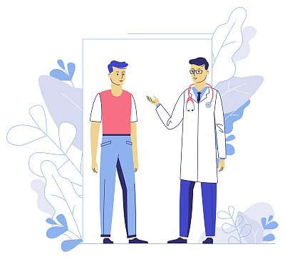 Medicine concept with doctor and patient on plant background.