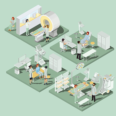 Set of 3D flat isometric illustrations of medical premises in the clinic with the appropriate equipment