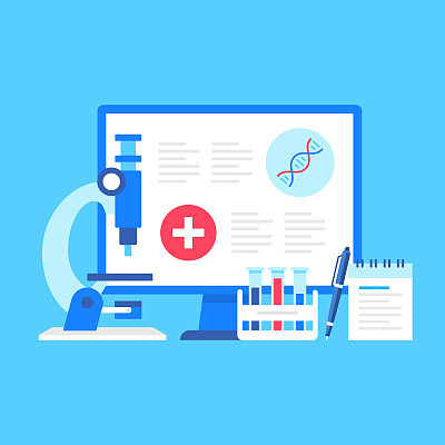 Medical research. Vector illustration. Biomedical research, experimental medicine concepts. Flat design. Computer with medical information on screen, microscope, test tubes, notepad and pen