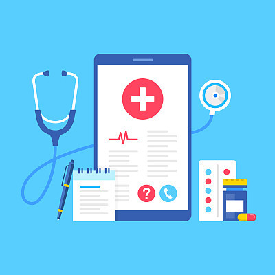 Healthcare medical app. Vector illustration. Mobile healthcare concepts. Flat design. Smartphone with medical information on screen, pills, capsule, pen, note pad and stethoscope