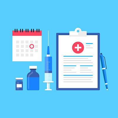 Vaccination. Vector illustration. Immunization, inoculation concepts. Flat design. Syringe, vaccine bottle, pen, clipboard with vaccination records, calendar with date to vaccinate