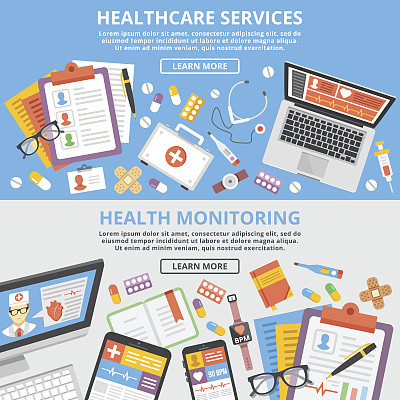 Healthcare services, health monitoring, research flat illustration concepts set
