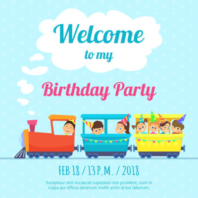Design template of poster for kids party invitation. Illustration of train toys
