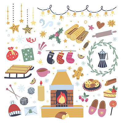 Fireplace, sweet food, coffee, interior decorations on white background. Lovely vector illustrations for winter holidays