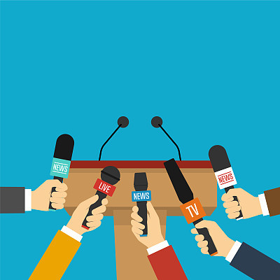 Rostrum, tribune and hands of journalists with microphones. Press conference concept