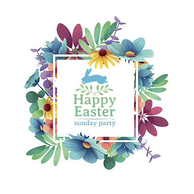 Banner design template with floral decoration for spring Easter. The square frame with the decor of flowers, leaves, twigs. Invitation for easter holiday with symbol and rabbit, flower element. Vector.