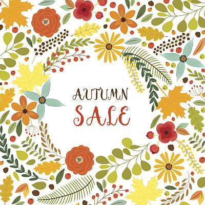Cute rustic hand drawn wreath with nature elements in traditional autumn colors