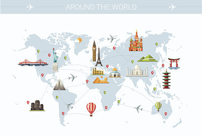 World trip postcard design with world famous landmarks icons