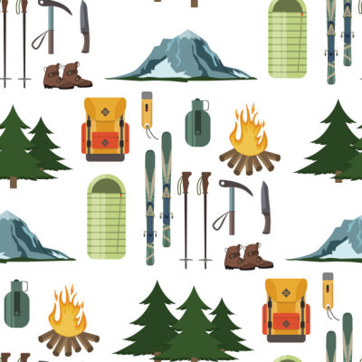 Mountain hike winter ski hiking snowy backpack skiing accessories travel climbing mountaineering vector adventure illustration seamless pattern background