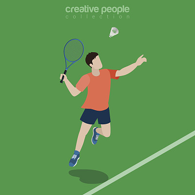 Flat isometric Badminton Player vector illustration. Sportsman 3d isometry image. Summer games concept.