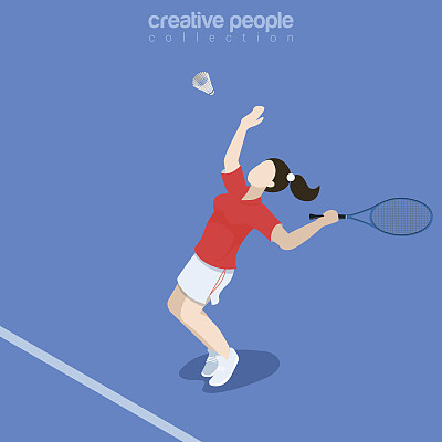 Flat isometric Badminton Player vector illustration. Sportswoman 3d isometry image. Summer international competition concept.