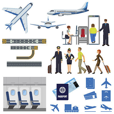 Vector flying passenger aircrafts, plane, check-in, pilot and stewardess