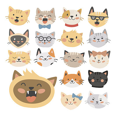 Cats heads vector illustration cute animal funny decorative characters feline domestic trendy pet drawn