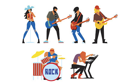 Musicians rock group isolated on white background.
