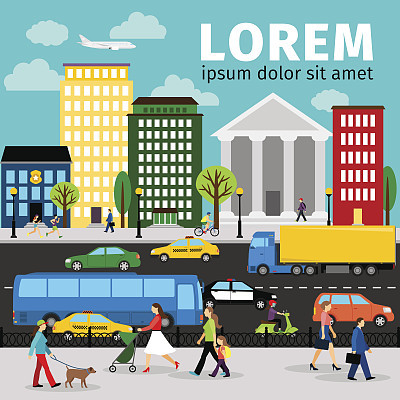 City transportation vector illustration. Roads and people, cars buses, scooters trucks