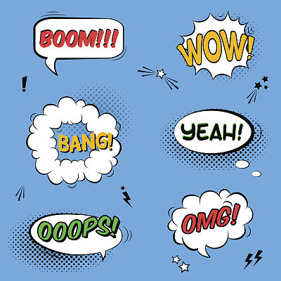 Vector set with comic speech bubbles with sound effects, stars and halftone shadows