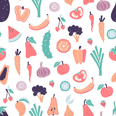Seamless Pattern with Hand Drawn Doodle Vegetables and Fruits.
