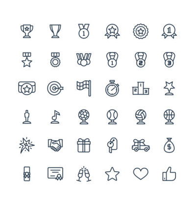 Vector thin line icons set with award, prize, achievement symbols.