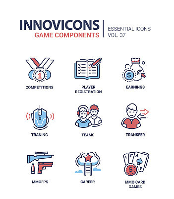 Game Components - modern vector line design icons set.