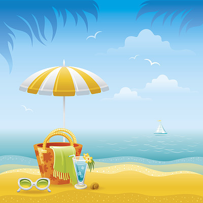Beach landscape with umbrella, bag, sunglasses and cocktail