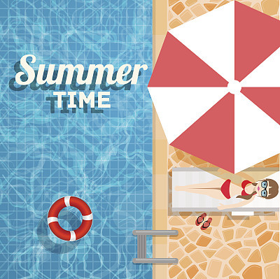 Invitation to a water party in the summer pool. Vector design illustration swimming pool with inflatable ring and a sunbathing girl under an umbrella