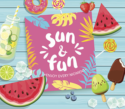 Sun and Fun lettering on blue wooden background.
