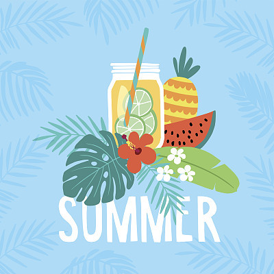Hand drawn summer greeting card, invitation with lemonade drink in mason jar. Watermelon and pineapple fruit with tropical palm leaves and hibiscus flower. Vector illustration, web banner