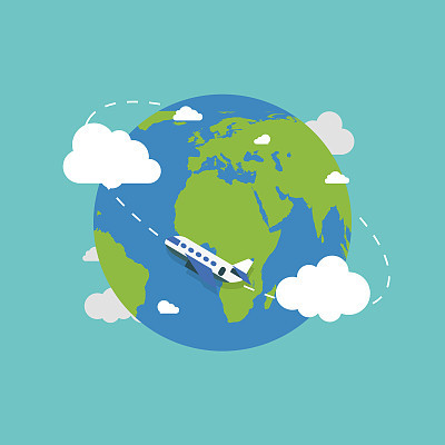 Earth globe with plane. Earth in flat style. Plane flying. Earth. Vector