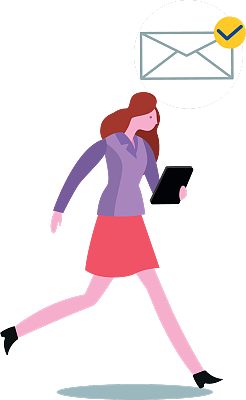 Office lady checking email in her tablet while running