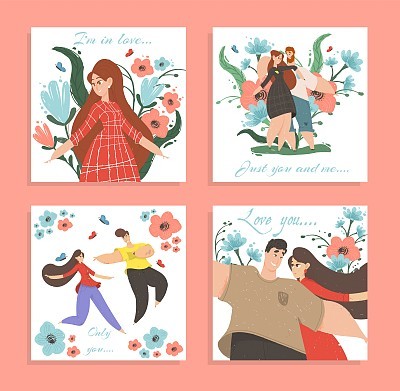 Set Love Banners or Greeting Cards Happy Couple