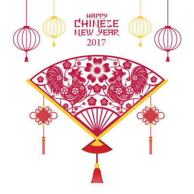 Roosters Papercut Fan, Chinese New Year