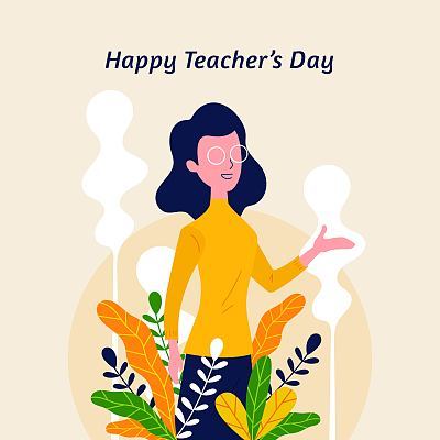 Happy teacher's day with nature flower leaf ornament decoration background poster. Woman Teacher with explain gesture hand vector illustration. modern simple flat graphic design