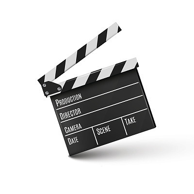 Realistic clapper.cinema.Board on a white background.film.time