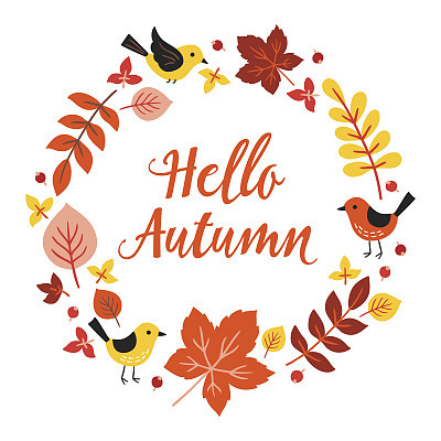 Greeting card with autumn wreath, birds, maple leaves