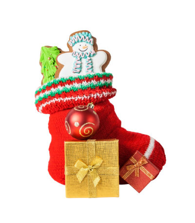 Christmas stocking with cookies, gifts and ball isolated