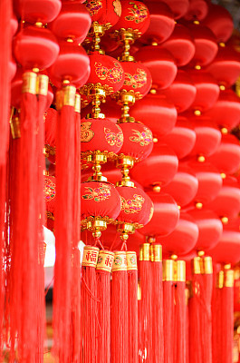traditional red Chinese lantern decorated for the Chinese New Year (Spring Festival), the Chinese characters 'fu' on it which mean 'good luck' or 'blessing